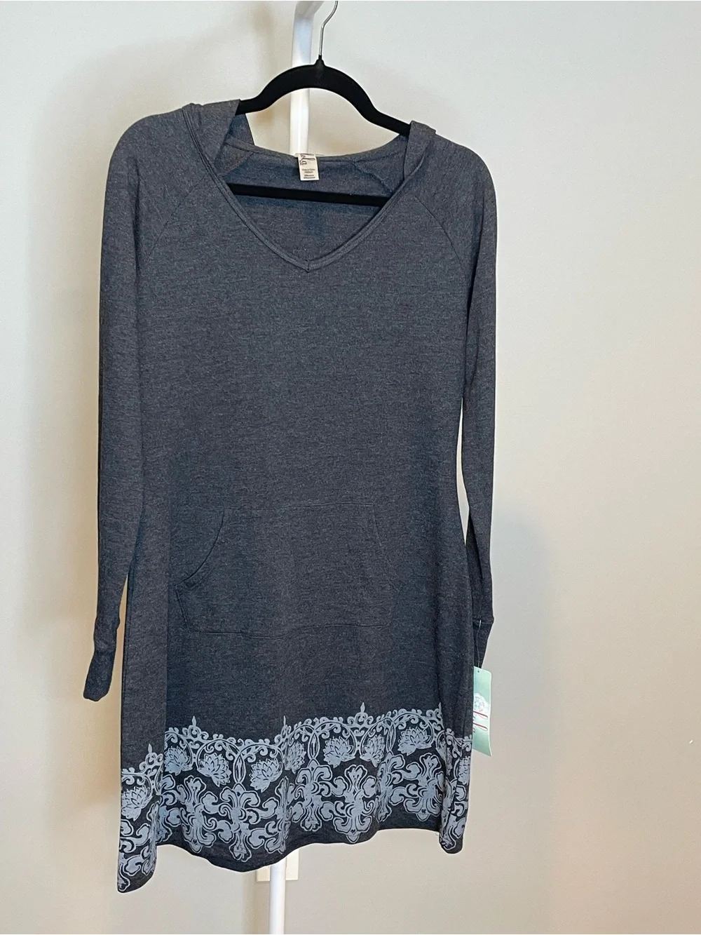 lola Charcoal Long-Sleeve Hooded Tunic with Decorative Hem